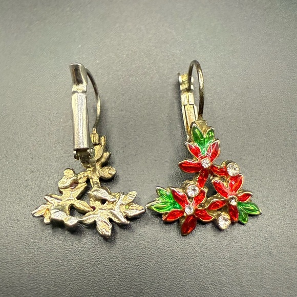 Poinsettia Floral Red and Green Silver Tone Earrings Holiday - Picture 3 of 5